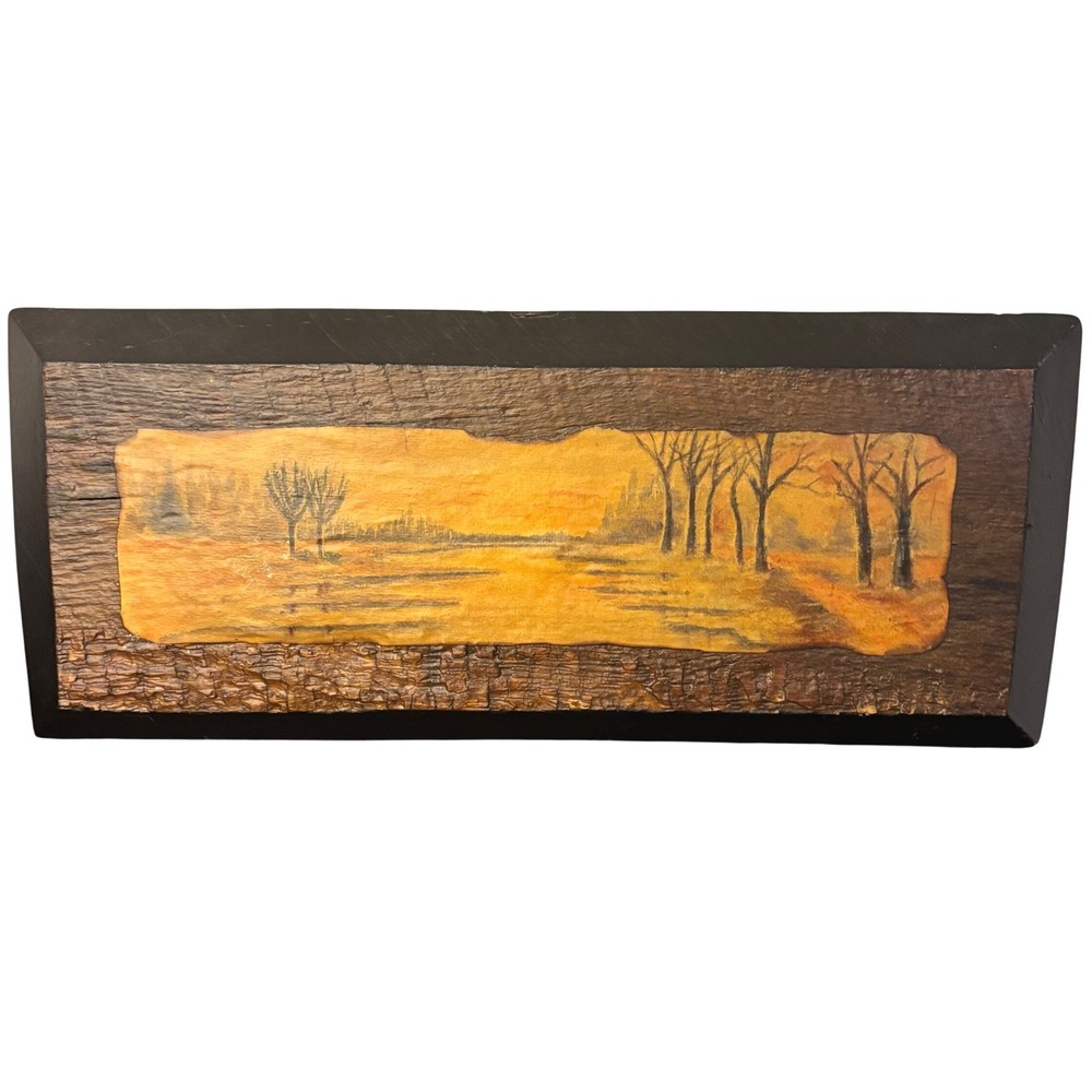 Vintage Hand Painted Wood Slab | Landscape Autumn Sunset Lake Scene Rustic Art‎